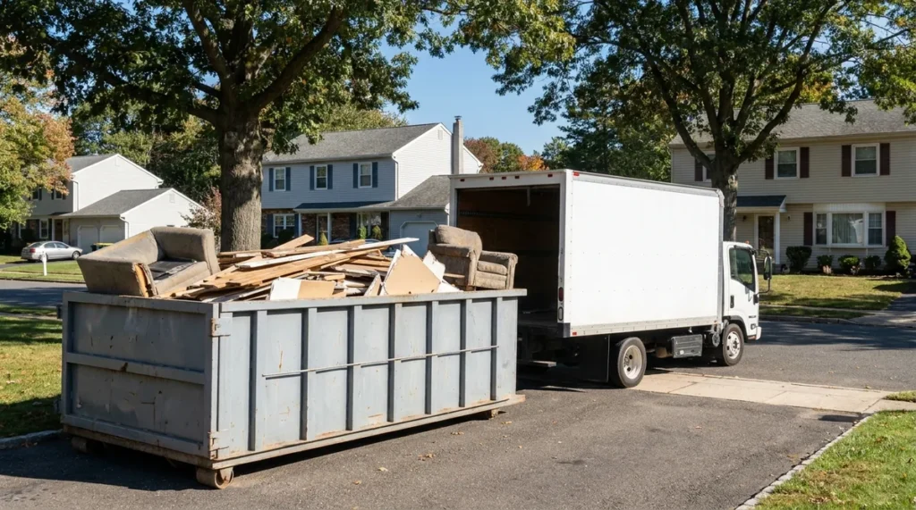 Roll-off dumpster and a junk removal truck side by side in a New Jersey driveway