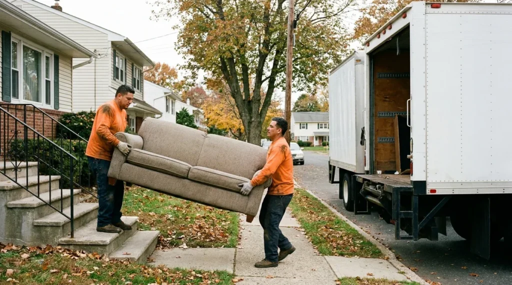 Junk removal crew loading an old sofa into a truck at a New Jersey home