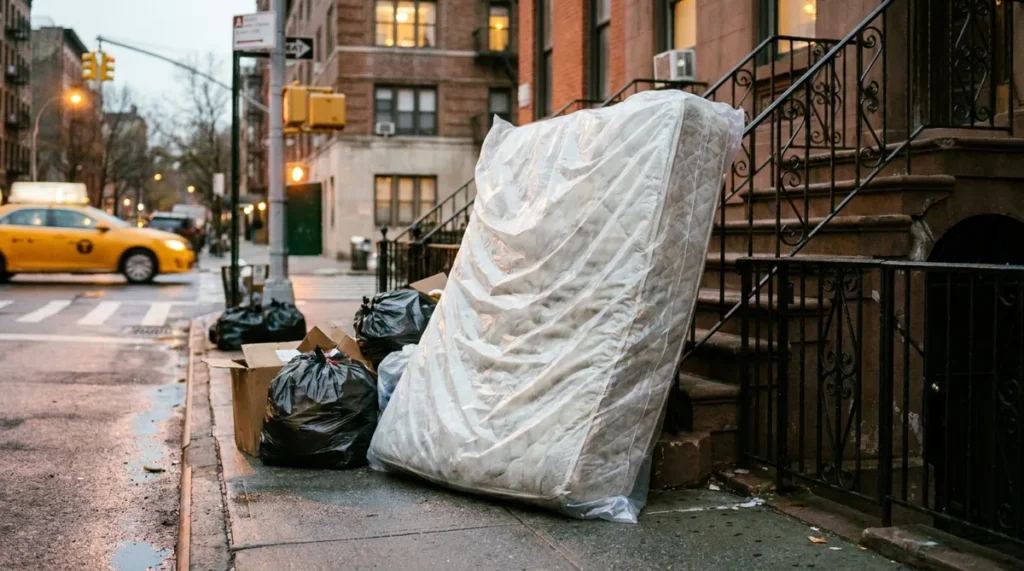 Mattress sealed in a clear plastic disposal bag at a New York City curb